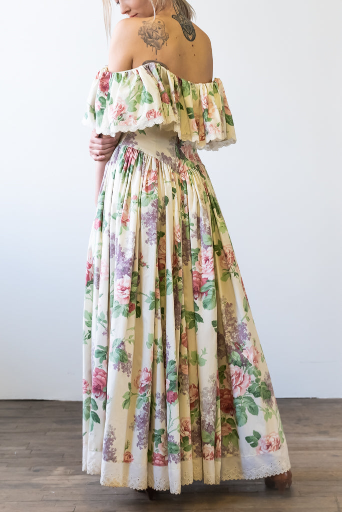 Vintage Flower Print Cotton Maxi Dress