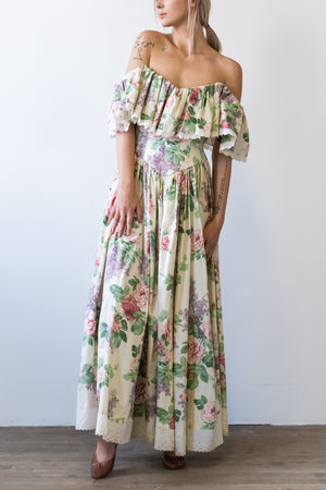 Vintage Flower Print Cotton Maxi Dress