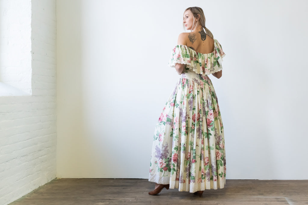 Vintage Flower Print Cotton Maxi Dress