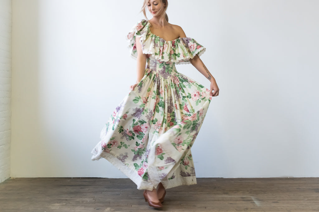 Vintage Flower Print Cotton Maxi Dress