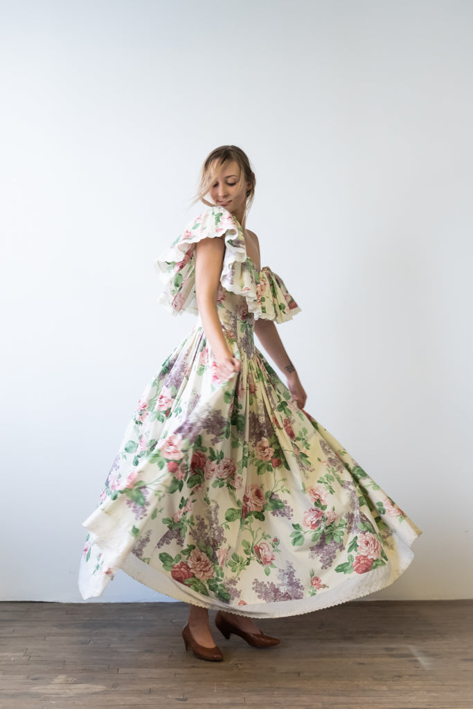 Vintage Flower Print Cotton Maxi Dress