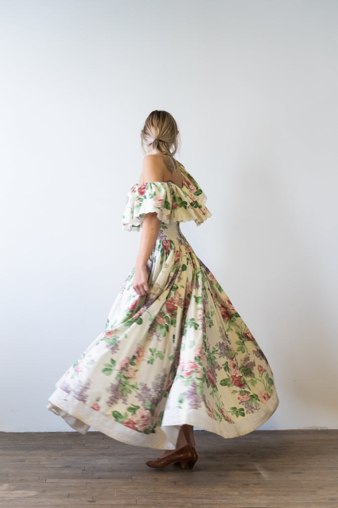 Vintage Flower Print Cotton Maxi Dress