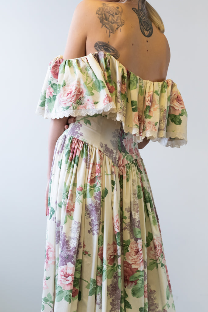 Vintage Flower Print Cotton Maxi Dress